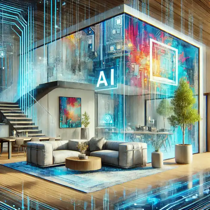 AI-assisted digital painting of a modern home interior, blending traditional painting techniques with artificial intelligence and digital painting tools.