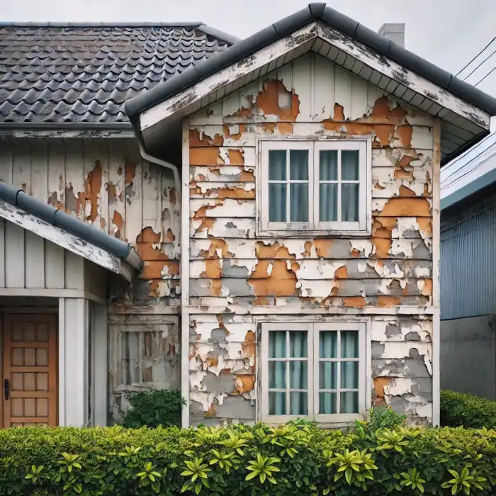 A house with peeling and chipping exterior paint, showing signs of wear.