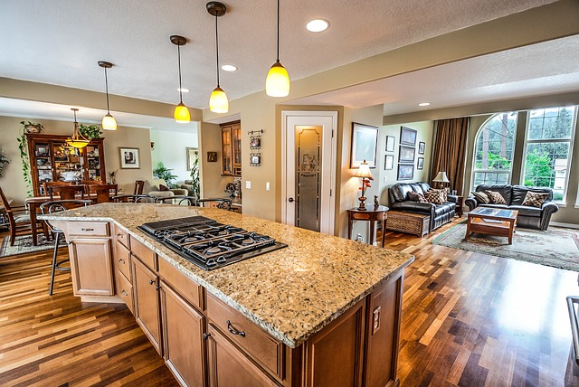 Open concept kitchen, dining room, and living room in Bratenahl, Ohio.