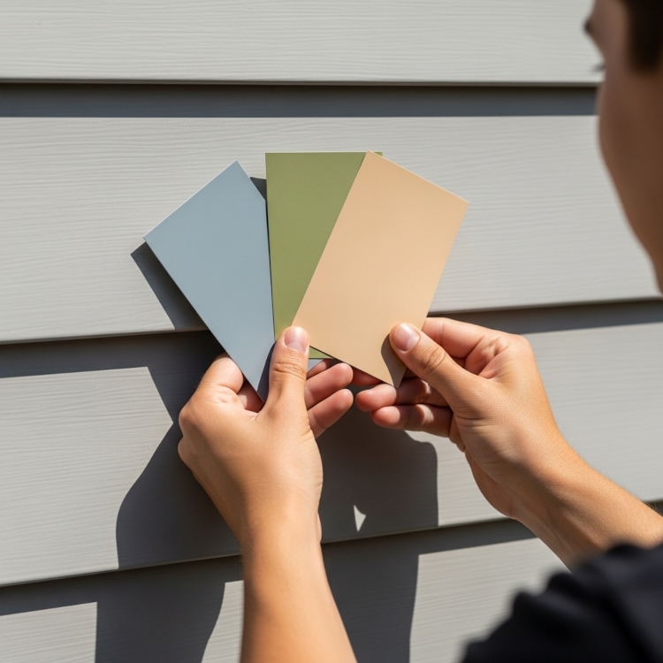 homeowner holding paint sample swatches against aluminum siding to compare color in sunlight