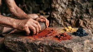 Ancient hands grinding red ochre pigment on a stone slab with piles of red, yellow ochre, and charcoal black earth pigments, the earliest origins of paint