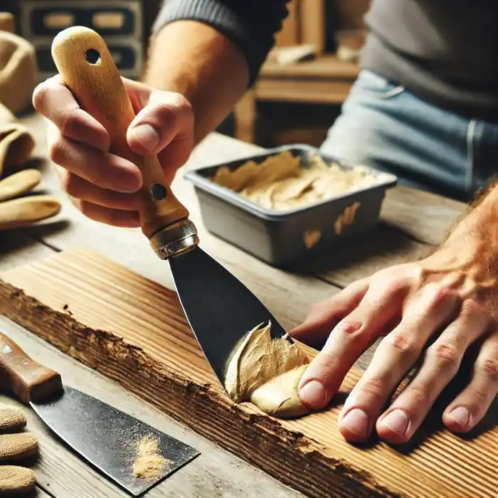 Person applying epoxy wood filler to a wooden surface with a putty knife.