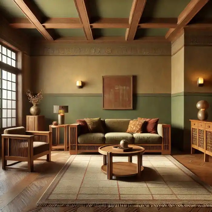 Living room with earthy tones from the 1900s-1920s Arts and Crafts movement