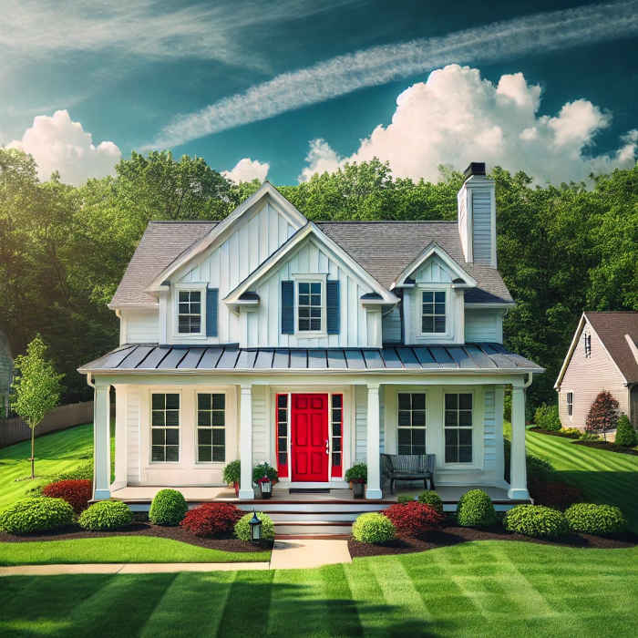 Freshly painted single-family home in Aurora, Ohio with a white exterior and red front door.