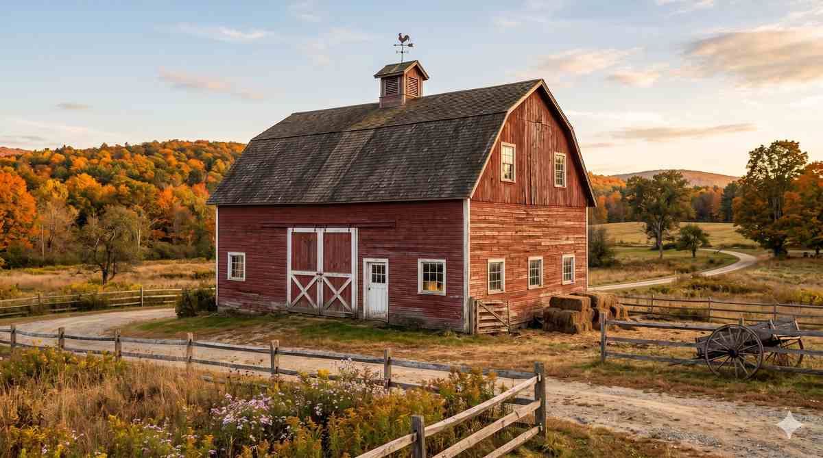 A classic weathered American barn painted in traditional faded barn-red, set among autumn trees under golden afternoon light