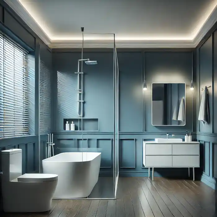 Modern bathroom with semi-gloss blue walls, white trim, and bright lighting highlighting durability and moisture resistance.