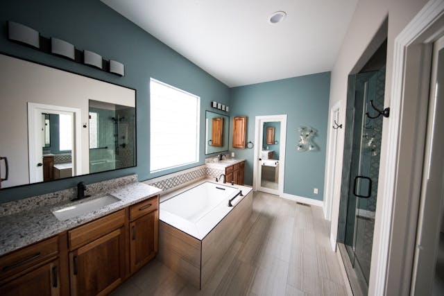 Bathroom with freshly painted walls and trim in Parma, Ohio.