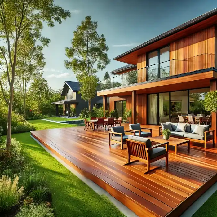 Beautiful stained wooden deck attached to a large modern home