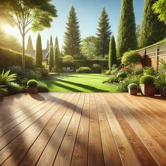 A freshly refinished wooden deck surrounded by greenery