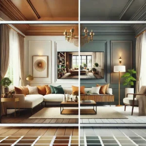 A freshly painted living room showcasing Behr and Sherwin-Williams paint finishes.