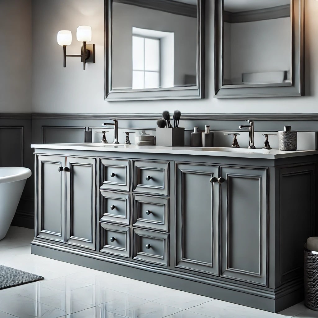 Freshly painted bathroom vanity cabinets in a sleek, modern color with a flawless finish.