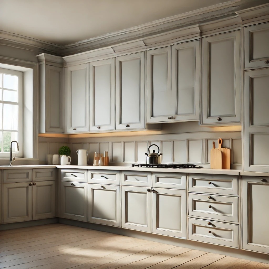 Freshly painted kitchen cabinets with a smooth and professional finish in a modern color scheme.