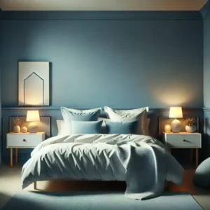 A serene bedroom with calming blue walls promoting restful sleep