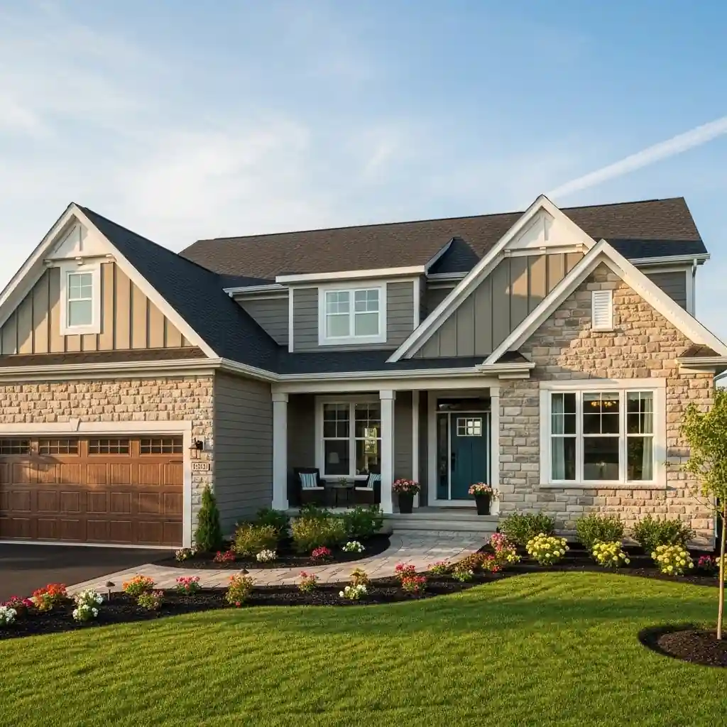 Craftsman style home with siding and stone showcasing exterior home painting services in Northeast Ohio