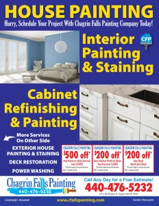 Chagrin Falls Painting Company coupon flyer offering $500 off exterior painting and $200 off interior painting or deck staining services in Northeast Ohio