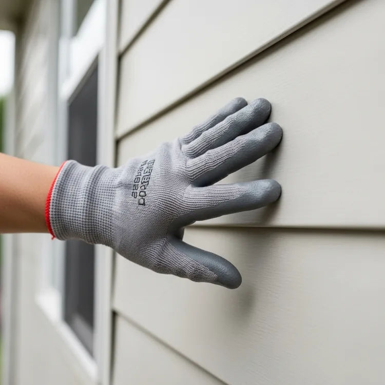 gloved hand gently inspecting aluminum siding for chalking or looseness