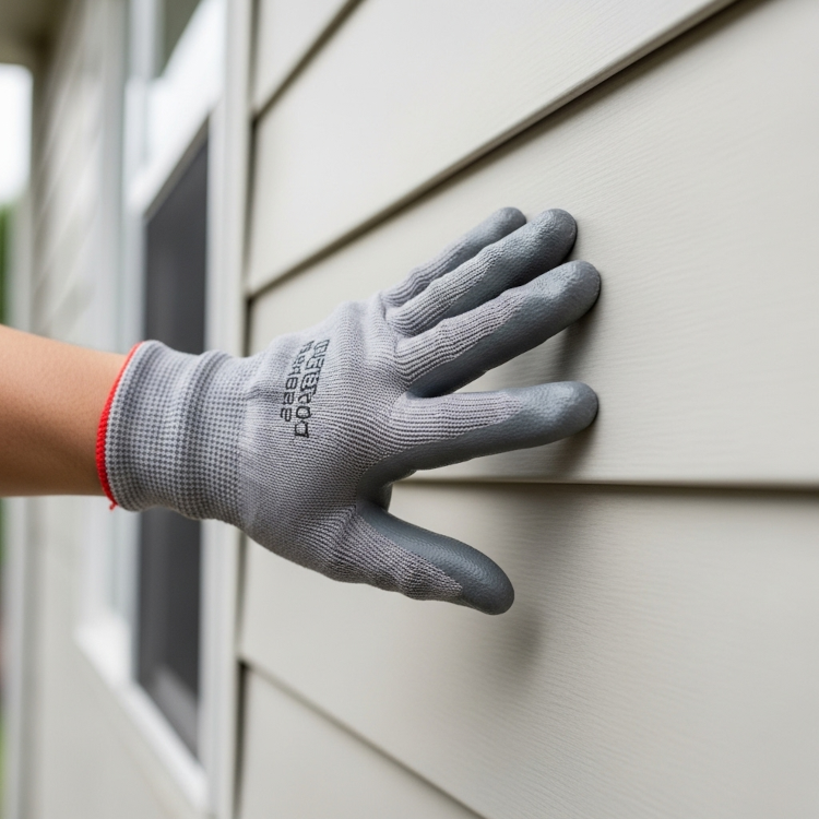 gloved hand gently inspecting aluminum siding for chalking or looseness
