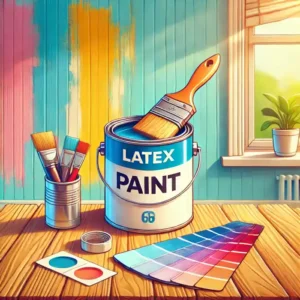 Illustration of a latex paint can, brush, and color swatches on a wooden table with a partially painted wall in the background