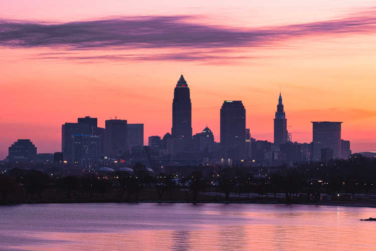 Cleveland skyline with Sherwin-Williams' headquarters symbolizing its global leadership in paints and coatings.