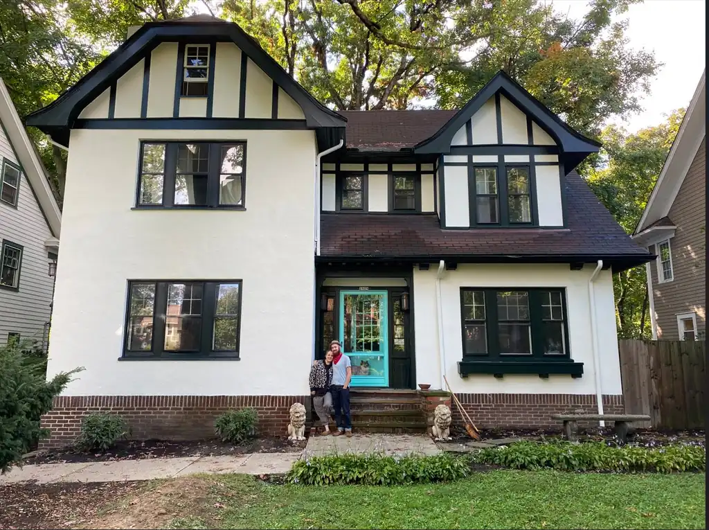 Completed exterior painting project on Tudor-style home in Northeast Ohio - professional results by Chagrin Falls Painting