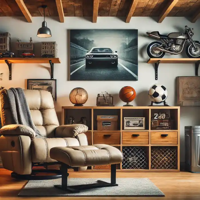 A cozy and personalized man cave in a small basement, featuring a recliner, a wooden coffee table, and shelves with collectibles.