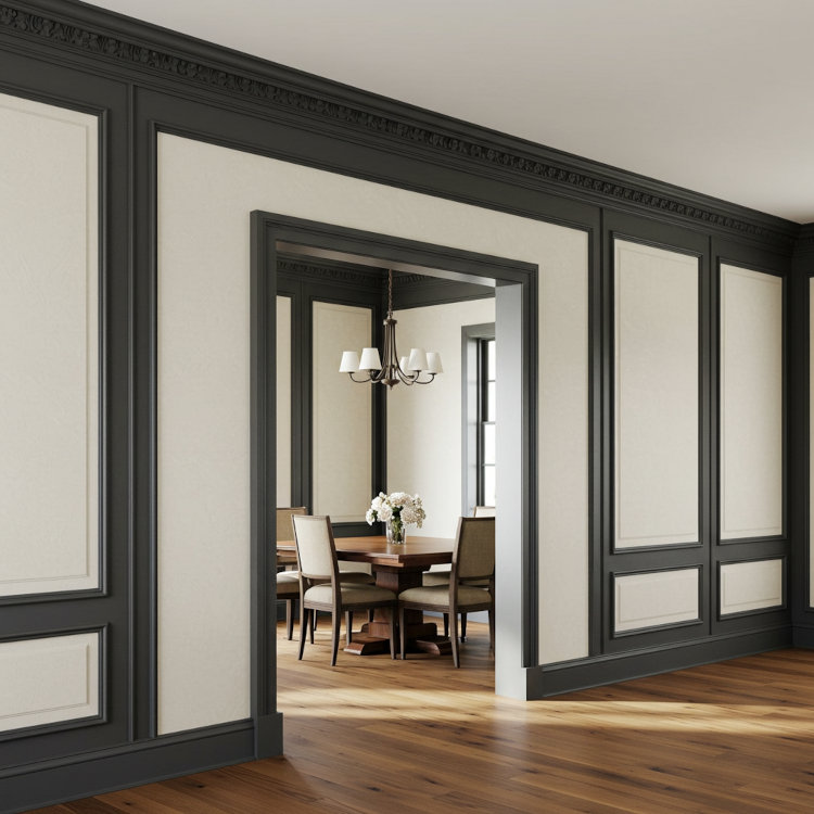 Painted crown molding and dark trim contrasting with light dining room walls