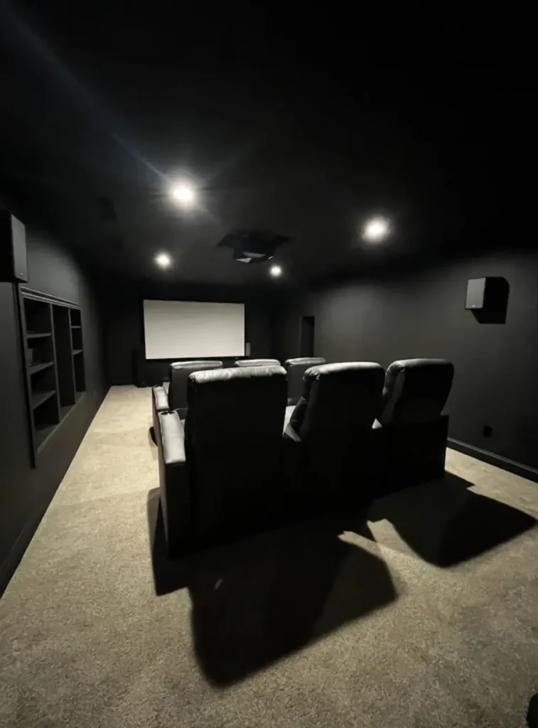 home theater interior room painted with low light finish