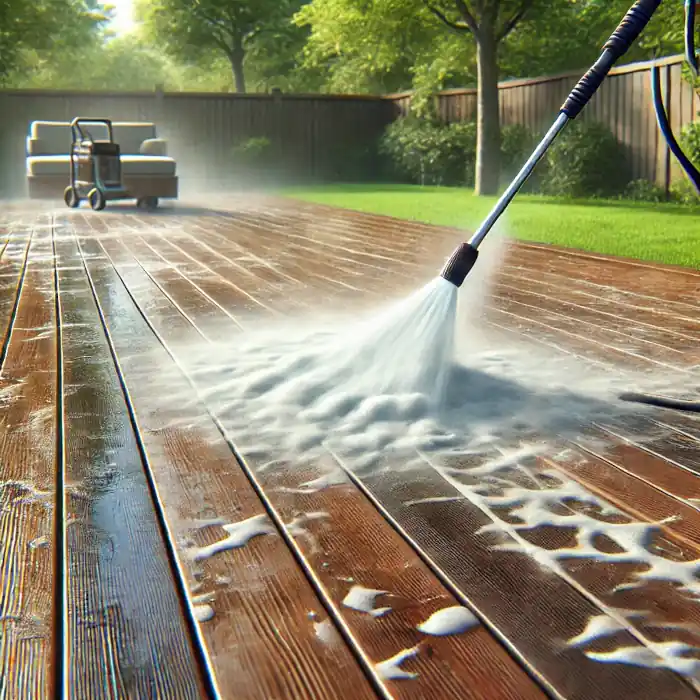 A wooden deck being pressure washed with visible water spray