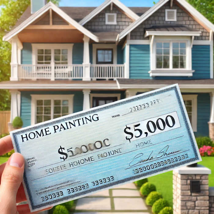 A freshly painted home with a clearly visible $5,000 check in the foreground, symbolizing home improvement investment.