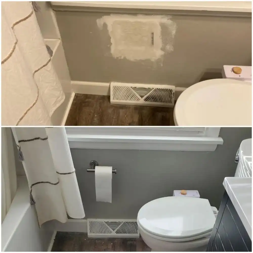 Before and after of a bathroom wall drywall repair and painting project in Cleveland.