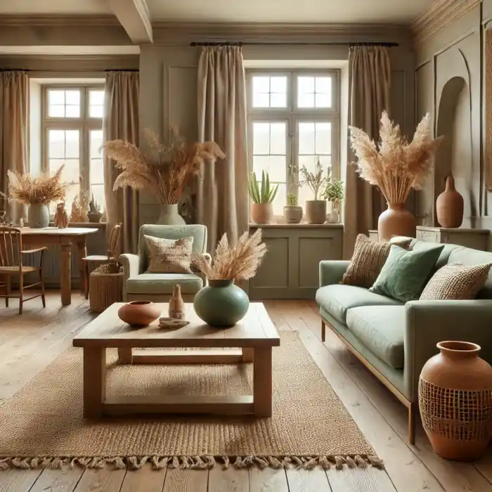 Beautifully decorated living room with earthy home colors, featuring muted tones, wooden furniture, and natural decor.