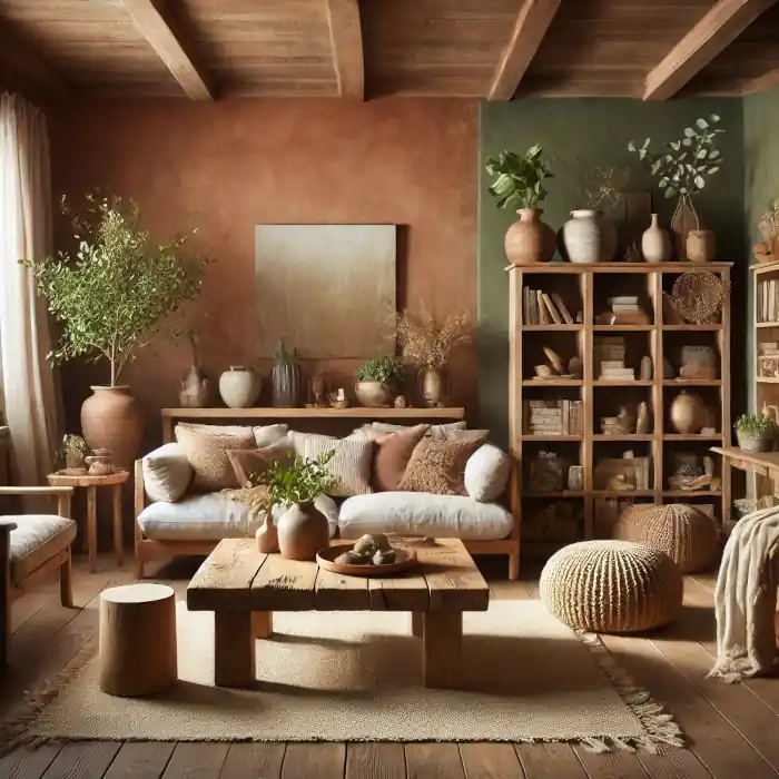 Living room with earthy paint tones and rustic decor