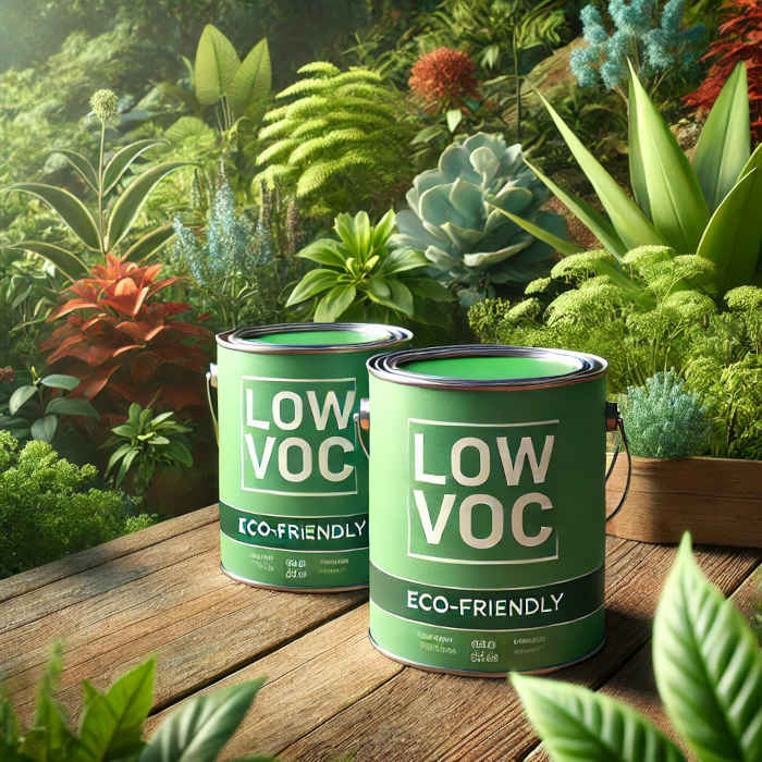 Eco-friendly paint cans labeled "Low VOC" surrounded by plants.