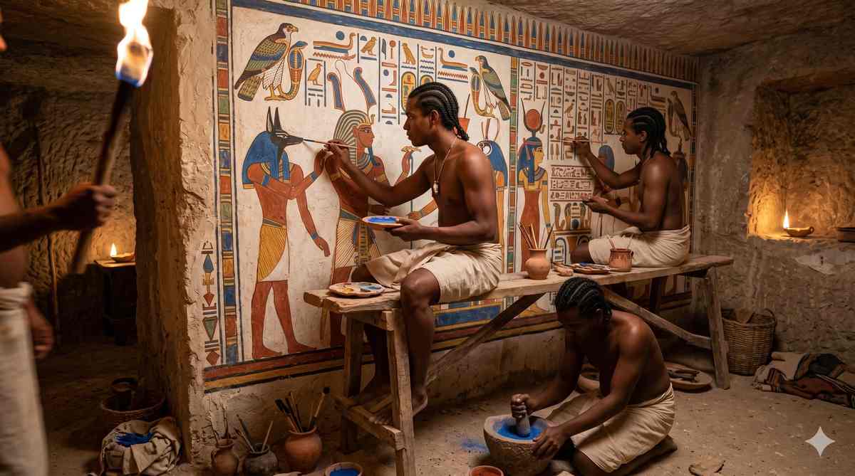 Ancient Egyptian artisans painting a tomb wall with Egyptian blue, red ochre, and gold pigments by torchlight, grinding pigment in the foreground