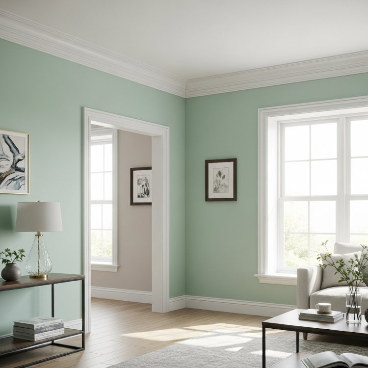 elegant living room with white crown molding and baseboards in Ohio home interior