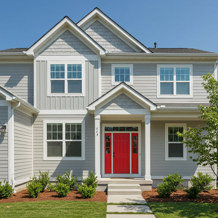 Fresh exterior paint with light gray siding and bold front door for home resale