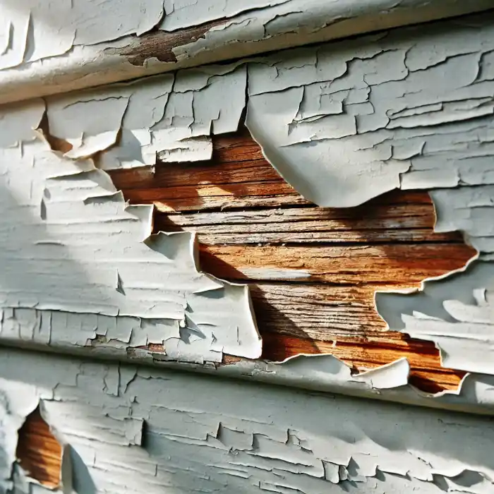 Close-up of an exterior wall with peeling and cracked paint exposing wood beneath.