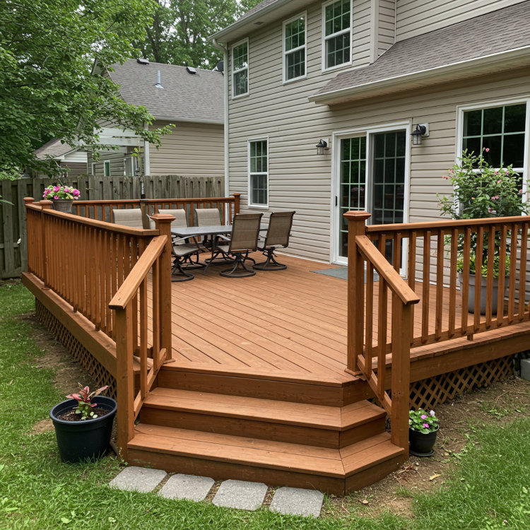Finished wooden deck in Ohio after professional repair and refinishing with sealed surfaces and sturdy railings