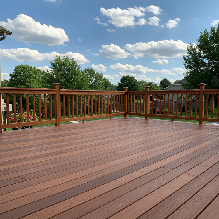 Finished deck restoration and repair with clean wood and sealed surface in Ohio backyard