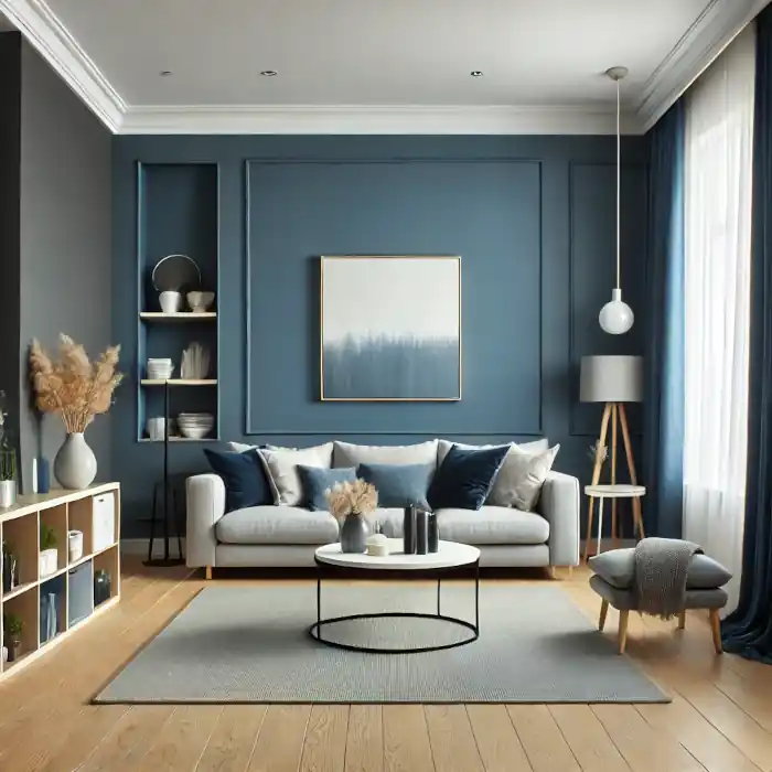 A beautifully finished living room with a deep blue accent wall.