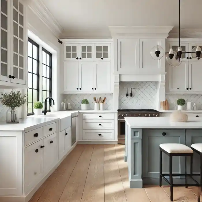 A bright kitchen with freshly painted white cabinets and modern black hardware.