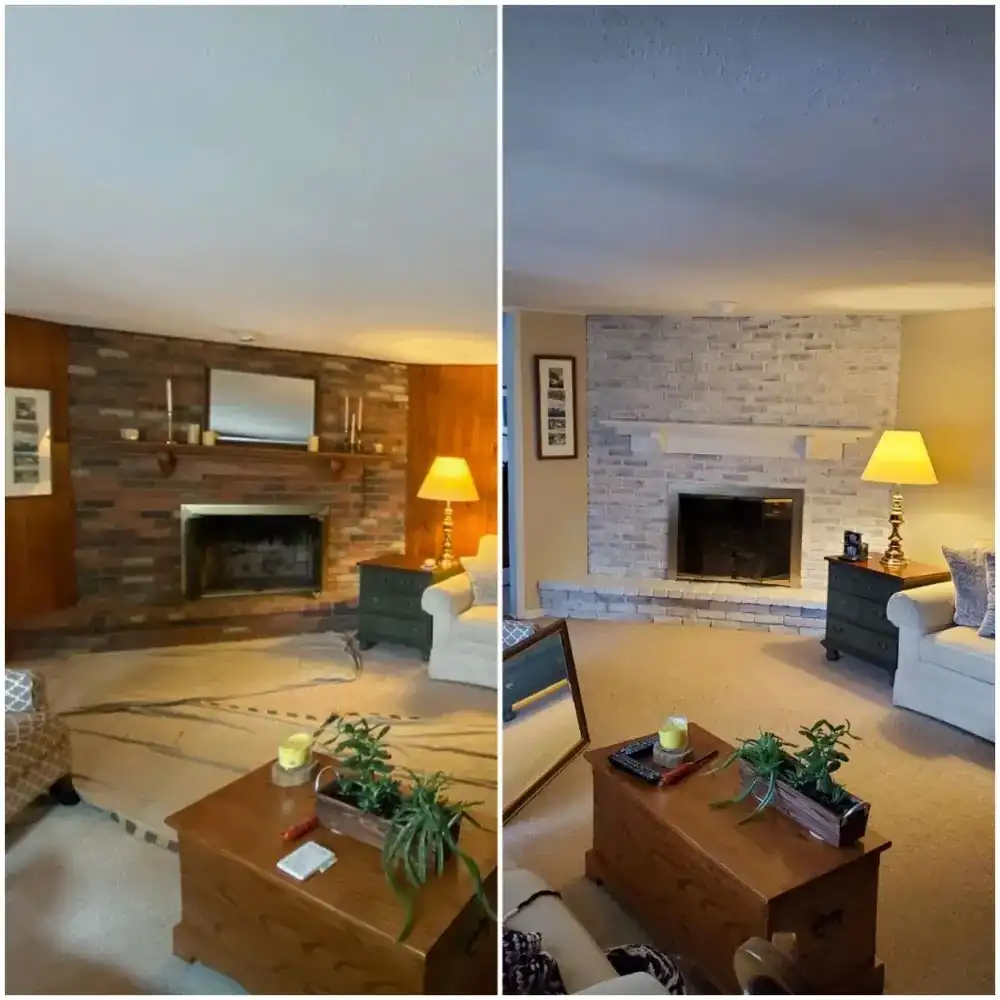 Before and after of a brick fireplace whitewashing project in a Cleveland living room.