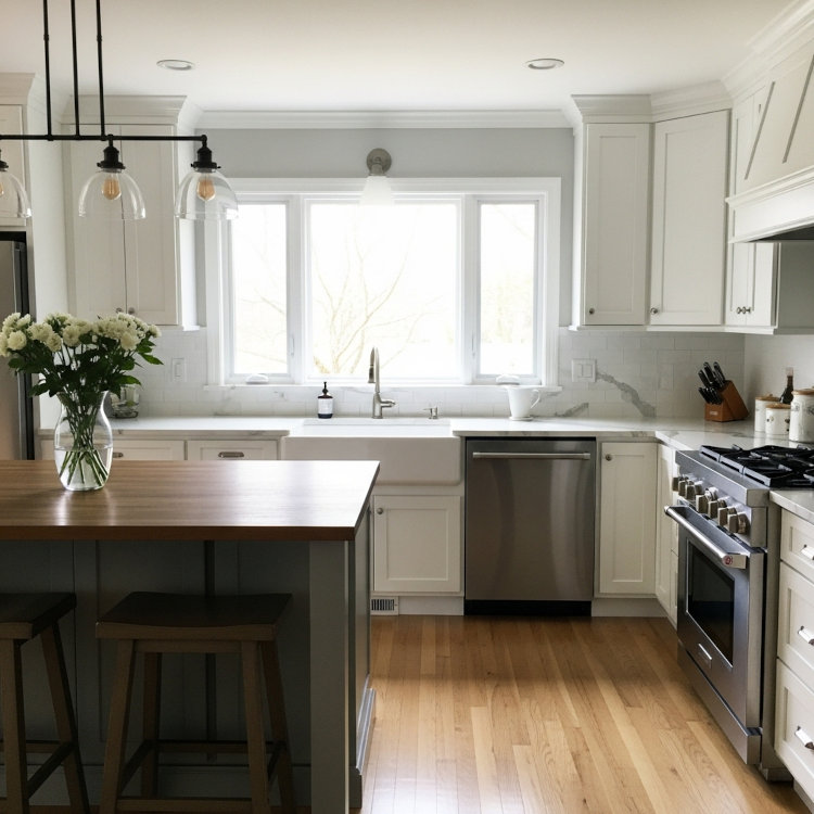 kitchen interior with freshly painted light-gray walls and white cabinets in Ohio home