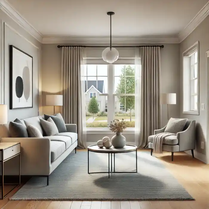 A freshly painted living room with neutral tones in Avon Lake, Ohio.