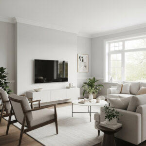 freshly painted living room interior with neutral wall color and white trim in Ohio home