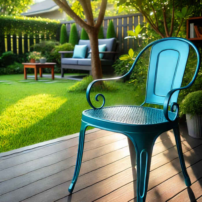 Freshly painted blue metal patio chair on a wooden deck.