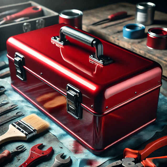 A deep red metal toolbox with a fresh coat of paint on a workbench.