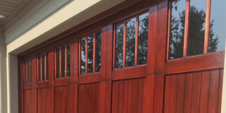 Carriage-style wood garage door with a fresh red-brown stain in Willoughby Hills, Ohio