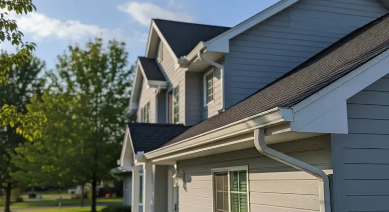 White painted gutters and downspout on gray and beige siding home