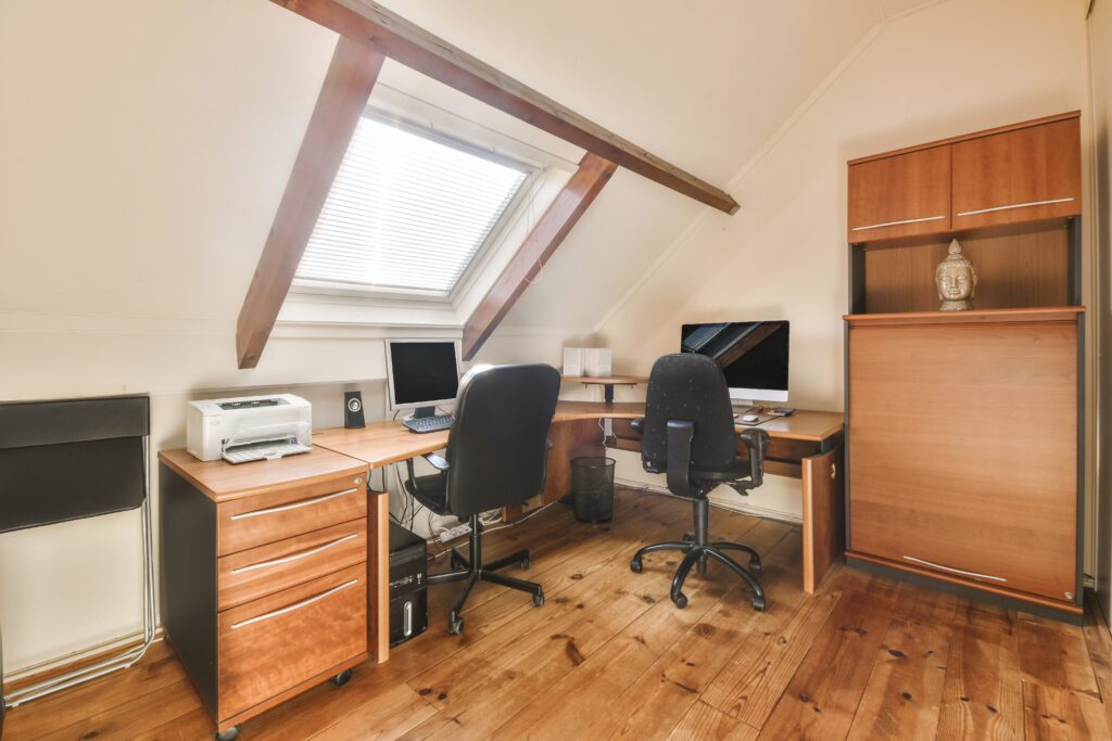 A modern home office in Richfield, Ohio, with a professionally painted accent wall.